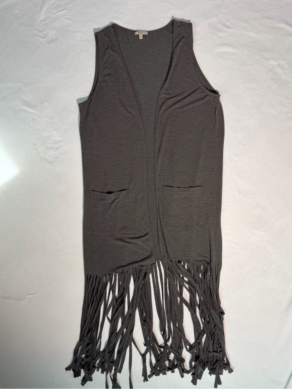 Jodifl Gray Long Fringe Vest Size Large Boho Western Open Front